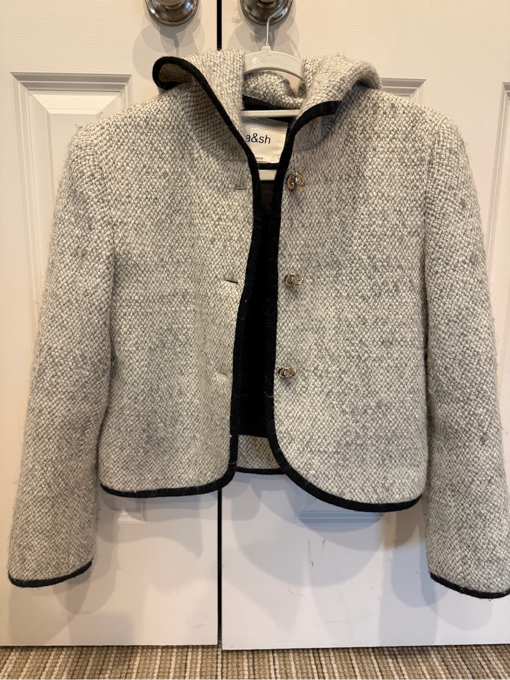 ba&sh Textured Cropped Jacket in Light Gray with Black Trim